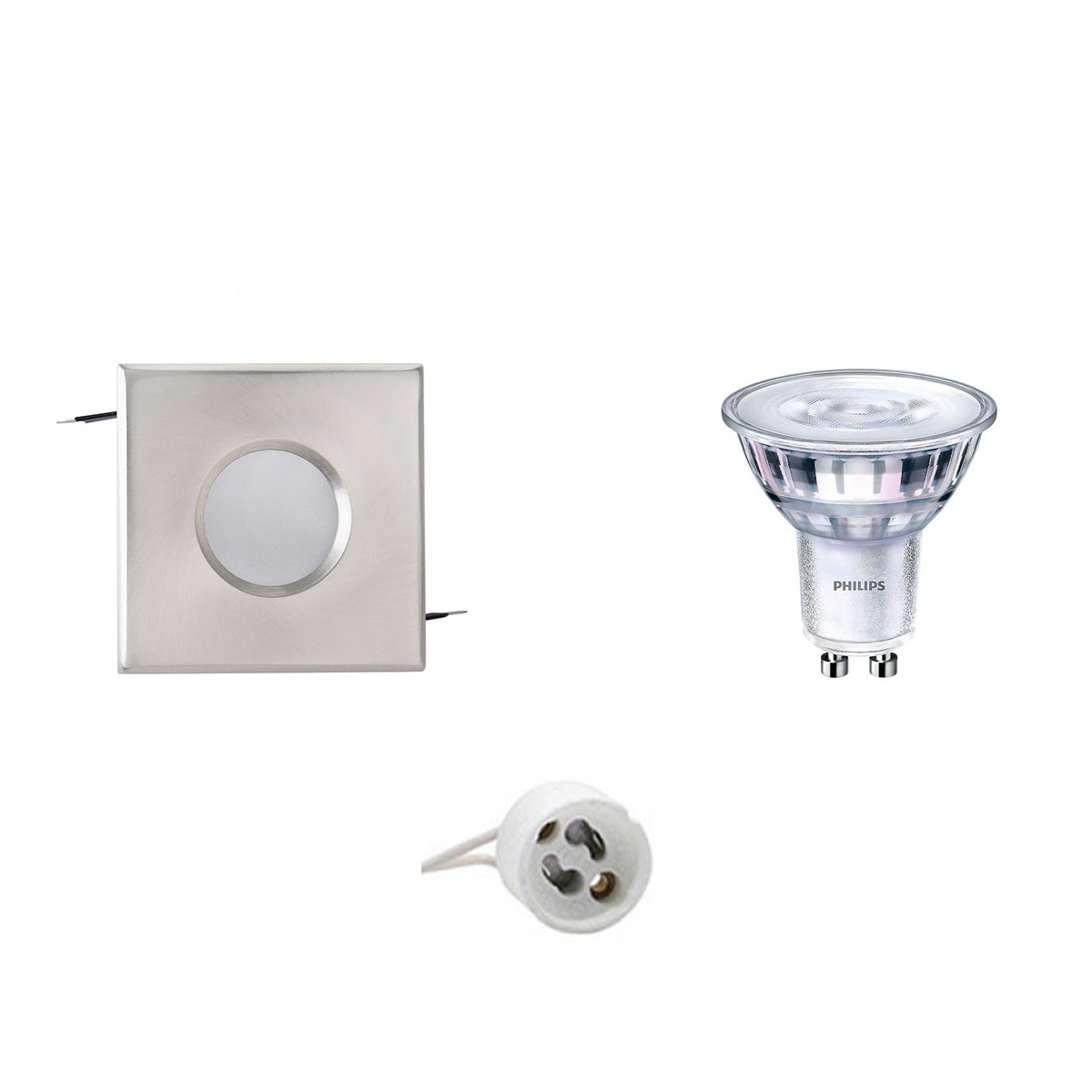 Set de spots LED - Aigi - Douille GU10 - Étanche IP65 - Carré Encastré - Mat Chrome - 82mm - Philips - SceneSwitch 827 36D - 1.5W-5W - Blanc Chaud 2200K-2700K - Dimmable