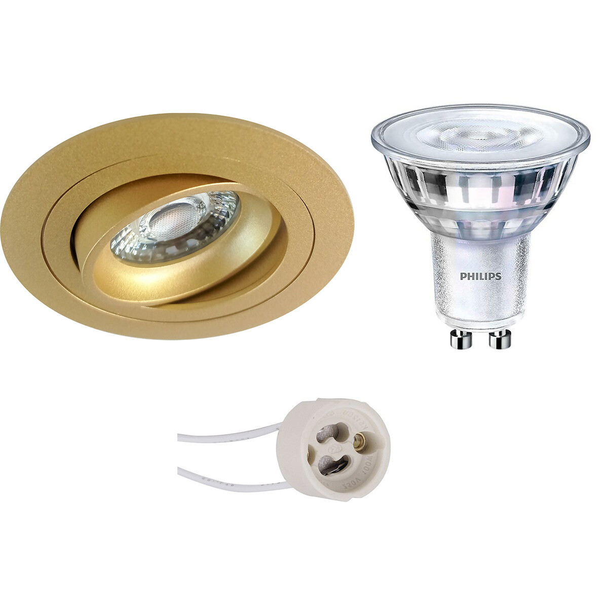 Set de spots LED - Pragmi Alpin Pro - Douille GU10 - Rond Encastré - Mat Or - Inclinable - Ø92mm - Philips - SceneSwitch 827 36D - 1.5W-5W - Blanc Chaud 2200K-2700K - Dimmable