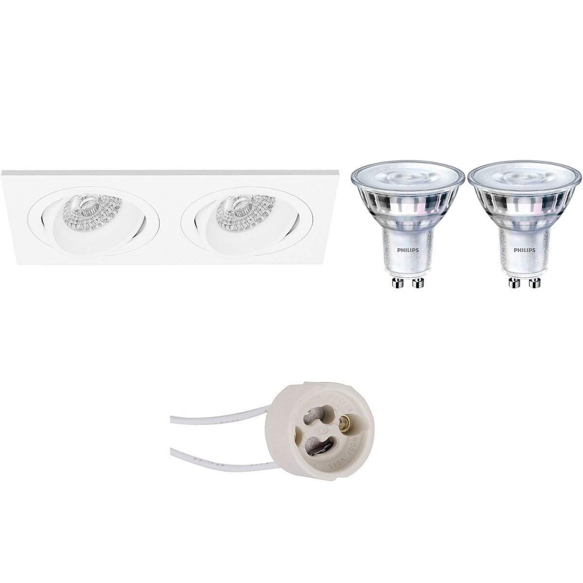 Set de spots LED - Pragmi Borny Pro - Douille GU10 - Double Rectangulaire Encastré - Mat Blanc - Inclinable - 175x92mm - Philips - SceneSwitch 827 36D - 1.5W-5W - Blanc Chaud 2200K-2700K - Dimmable