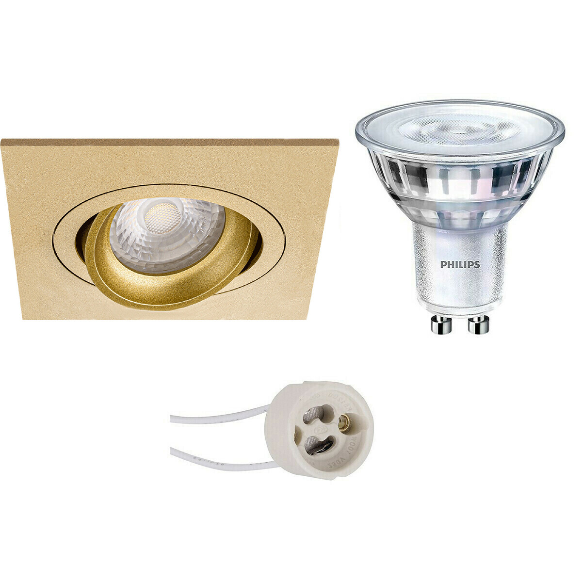 Set de spots LED - Pragmi Borny Pro - Douille GU10 - Carré Encastré - Mat Or - Inclinable - 92mm - Philips - SceneSwitch 827 36D - 1.5W-5W - Blanc Chaud 2200K-2700K - Dimmable