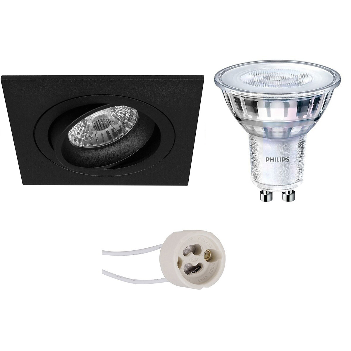 Set de spots LED - Pragmi Borny Pro - Douille GU10 - Carré Encastré - Mat Noir - Inclinable - 92mm - Philips - SceneSwitch 827 36D - 1.5W-5W - Blanc Chaud 2200K-2700K - Dimmable