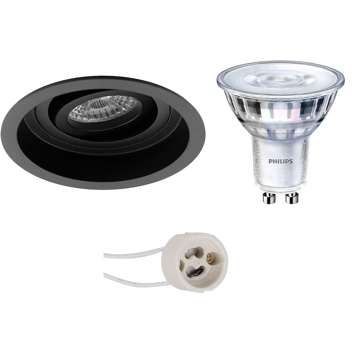 Set de spots LED - Pragmi Domy Pro - Douille GU10 - Rond Encastré - Mat Noir - Encastré - Inclinable - Ø105mm - Philips - SceneSwitch 827 36D - 1.5W-5W - Blanc Chaud 2200K-2700K - Dimmable