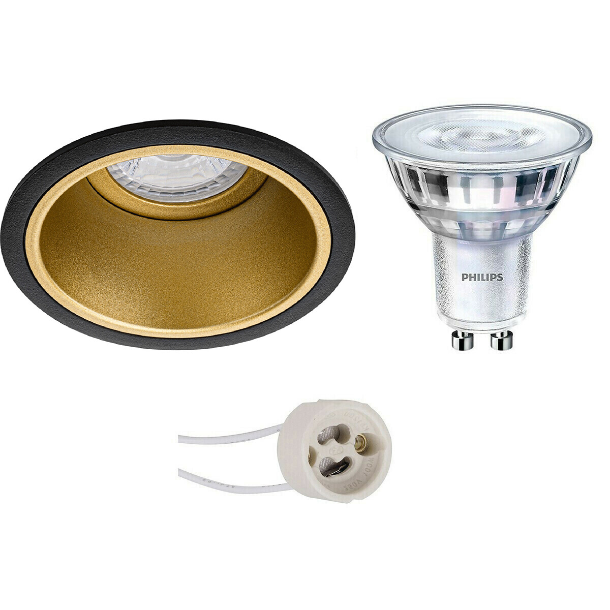 Set de spots LED - Pragmi Minko Pro - Douille GU10 - Rond Encastré - Mat Noir/Or - Encastré - Ø90mm - Philips - SceneSwitch 827 36D - 1.5W-5W - Blanc Chaud 2200K-2700K - Dimmable