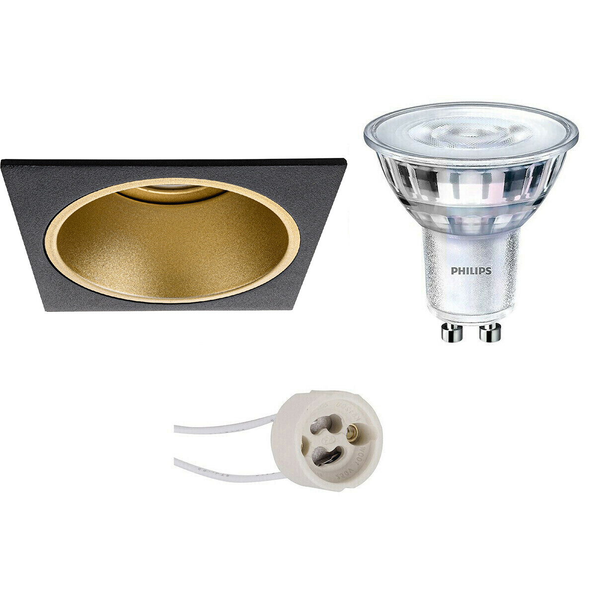 Set de spots LED - Pragmi Minko Pro - Douille GU10 - Carré Encastré - Mat Noir/Or - Encastré - 90mm - Philips - SceneSwitch 827 36D - 1.5W-5W - Blanc Chaud 2200K-2700K - Dimmable