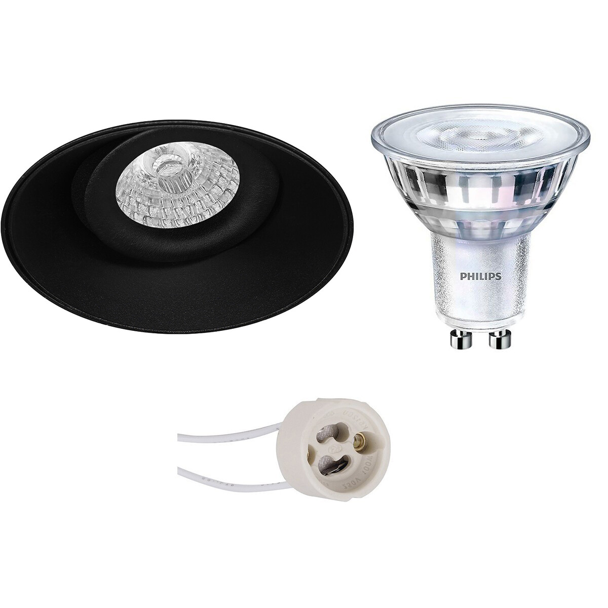 Set de spots LED - Pragmi Nivas Pro - Douille GU10 - Rond Encastré - Mat Noir - Sans Cadre - Inclinable - Ø150mm - Philips - SceneSwitch 827 36D - 1.5W-5W - Blanc Chaud 2200K-2700K - Dimmable