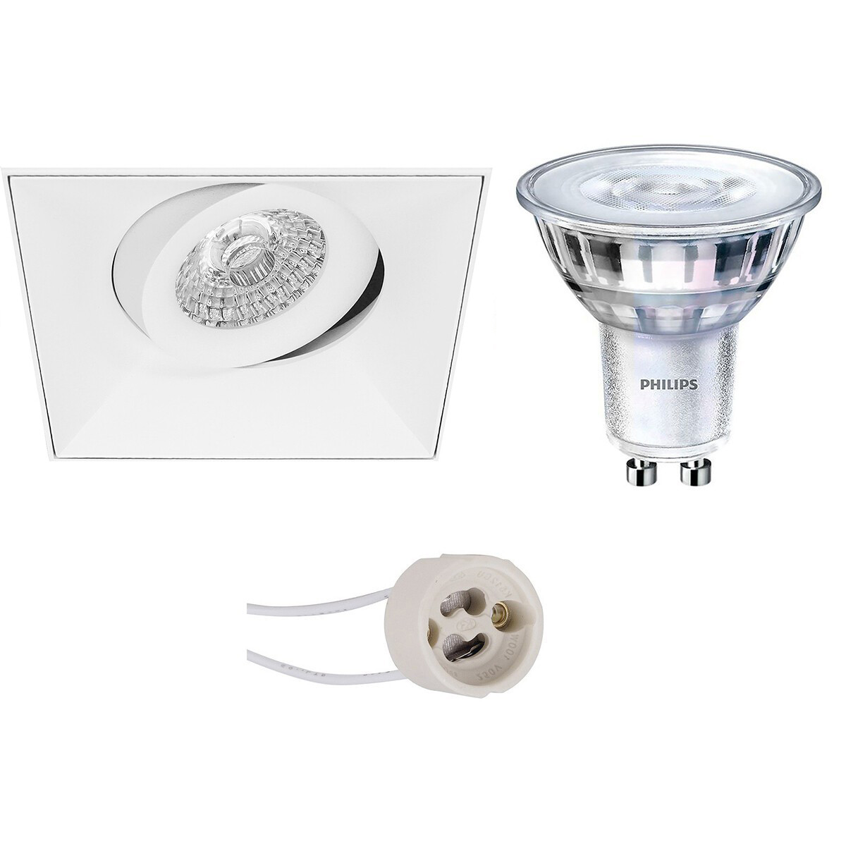 Set de spots LED - Pragmi Nivas Pro - Douille GU10 - Carré Encastré - Mat Blanc - Sans Cadre - Inclinable - 150mm - Philips - SceneSwitch 827 36D - 1.5W-5W - Blanc Chaud 2200K-2700K - Dimmable