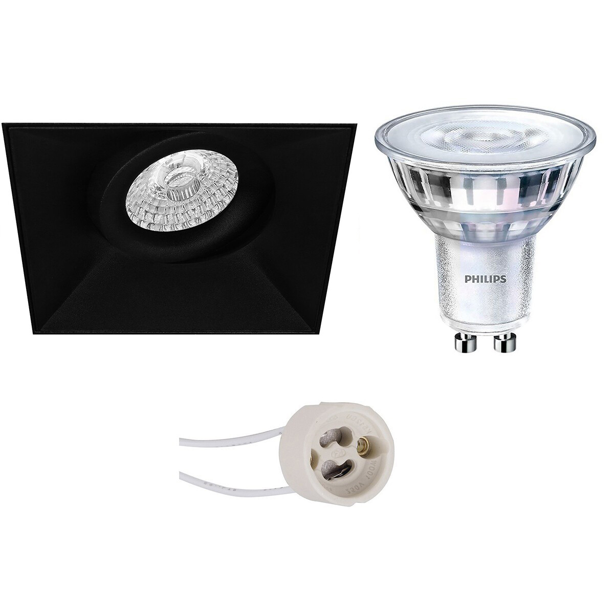 Set de spots LED - Pragmi Nivas Pro - Douille GU10 - Carré Encastré - Mat Noir - Sans Cadre - Inclinable - 150mm - Philips - SceneSwitch 827 36D - 1.5W-5W - Blanc Chaud 2200K-2700K - Dimmable