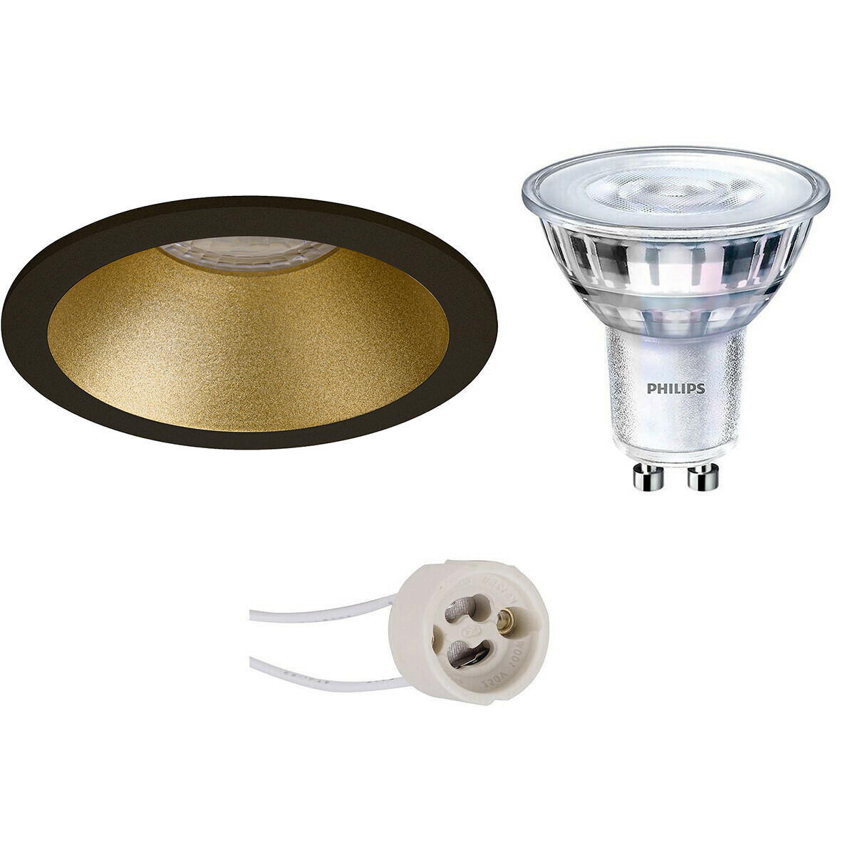 Set de spots LED - Pragmi Pollon Pro - Douille GU10 - Rond Encastré - Mat Noir/Or - Encastré - Ø82mm - Philips - SceneSwitch 827 36D - 1.5W-5W - Blanc Chaud 2200K-2700K - Dimmable