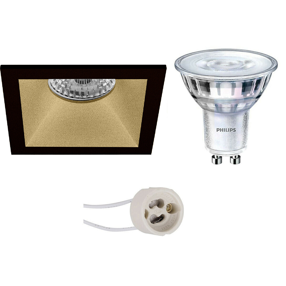 Set de spots LED - Pragmi Pollon Pro - Douille GU10 - Carré Encastré - Mat Noir/Or - Encastré - 82mm - Philips - SceneSwitch 827 36D - 1.5W-5W - Blanc Chaud 2200K-2700K - Dimmable