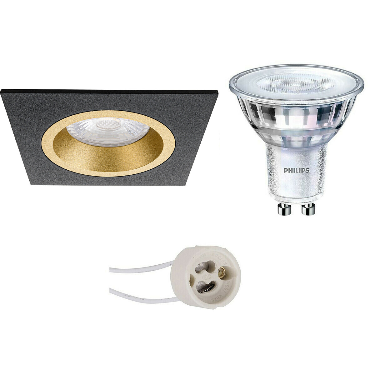 Set de spots LED - Pragmi Rodos Pro - Douille GU10 - Carré Encastré - Mat Noir/Or - 93mm - Philips - SceneSwitch 827 36D - 1.5W-5W - Blanc Chaud 2200K-2700K - Dimmable