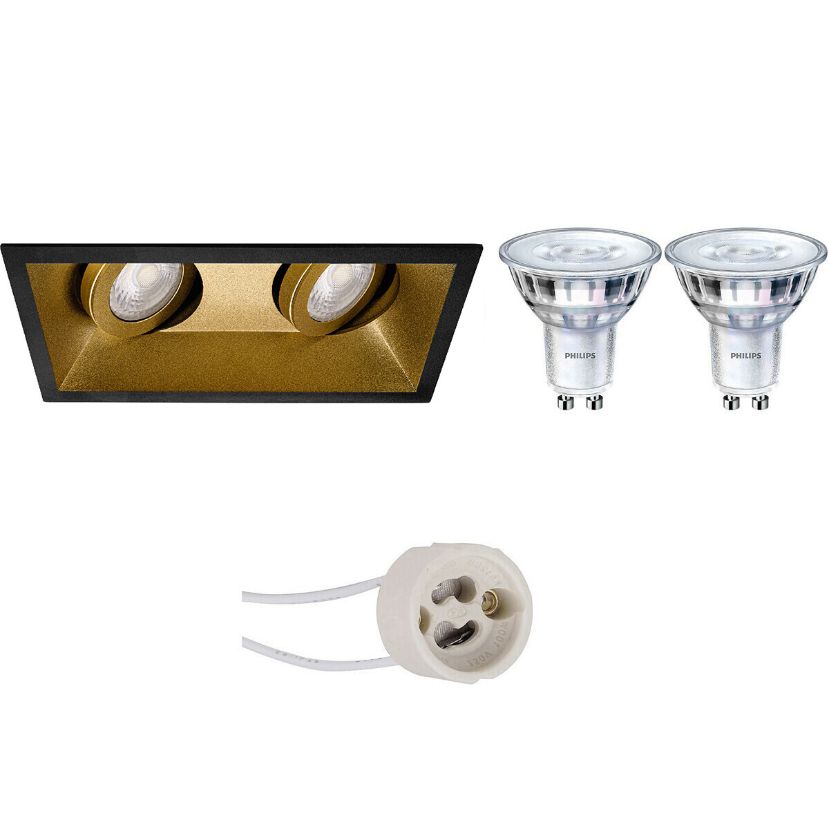 Set de spots LED - Pragmi Zano Pro - Douille GU10 - Double Rectangulaire Encastré - Mat Noir/Or - Inclinable - 185x93mm - Philips - SceneSwitch 827 36D - 1.5W-5W - Blanc Chaud 2200K-2700K - Dimmable