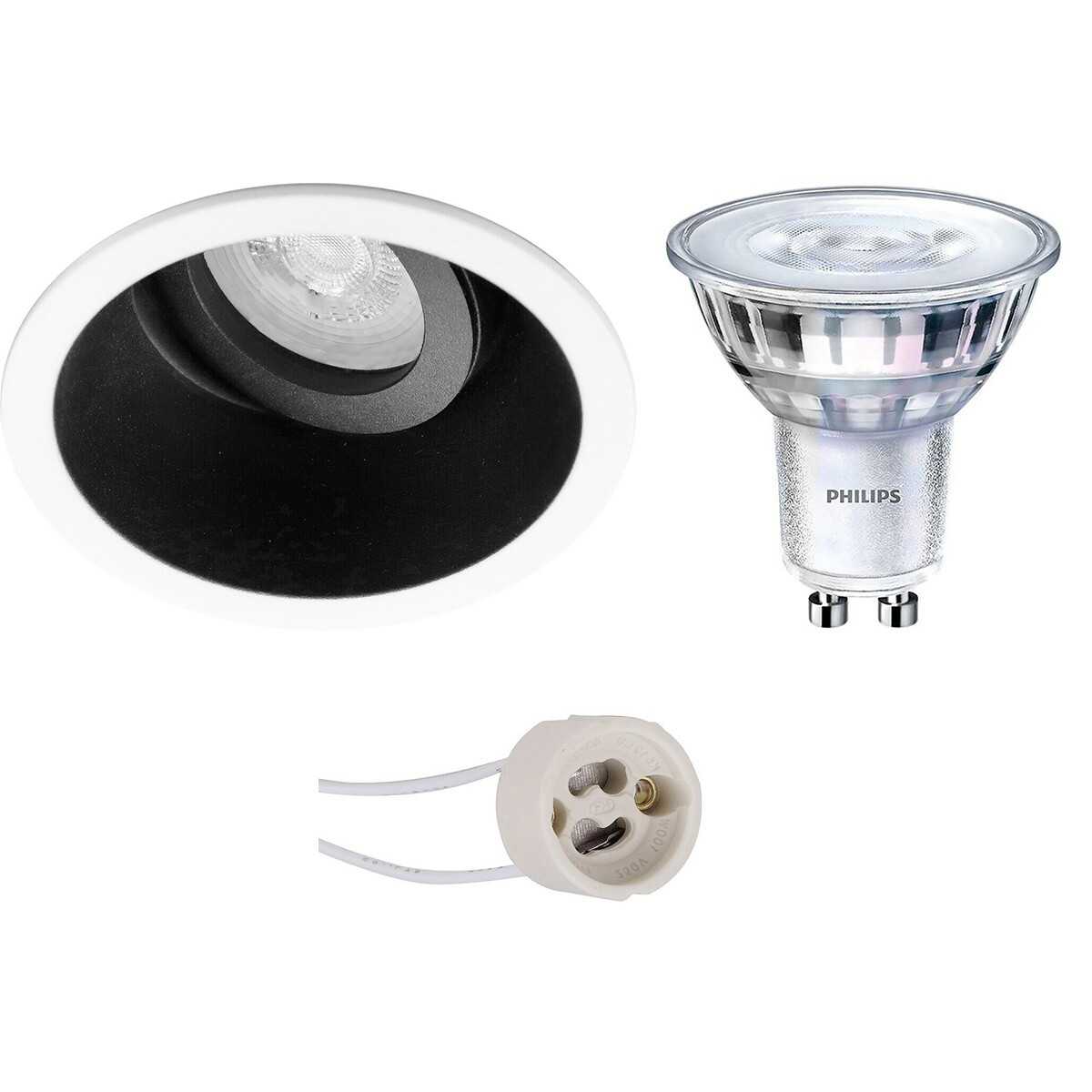 Set de spots LED - Pragmi Zano Pro - Douille GU10 - Rond Encastré - Mat Noir/Blanc - Inclinable - Ø93mm - Philips - SceneSwitch 827 36D - 1.5W-5W - Blanc Chaud 2200K-2700K - Dimmable