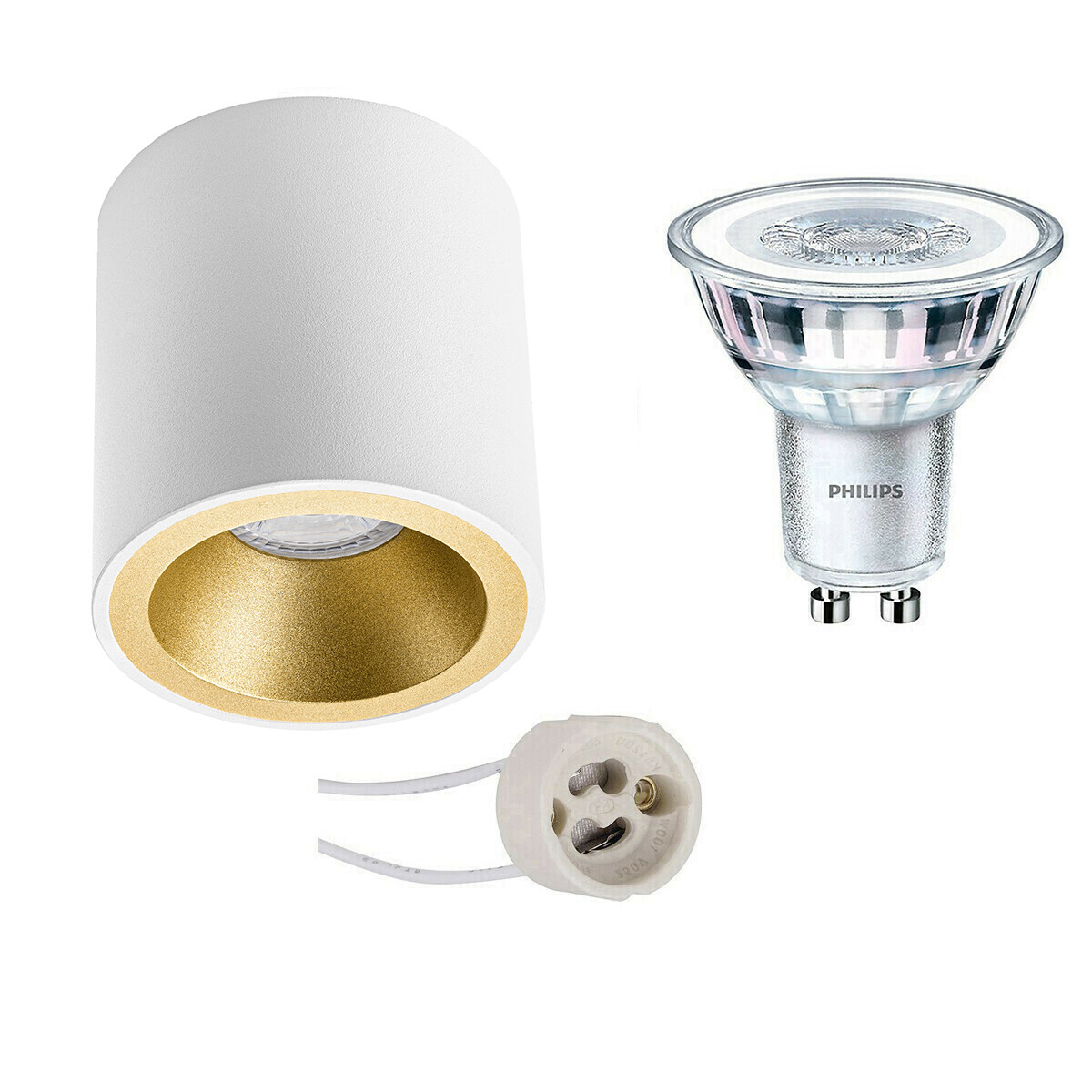 Ensemble de Spot de Plafond - Pragmi Cliron Pro - Douille GU10 - En Saillie Rond - Mat Blanc/Or - Encastré - Ø90mm - Philips - CorePro 827 36D - 3.5W - Blanc Chaud 2700K