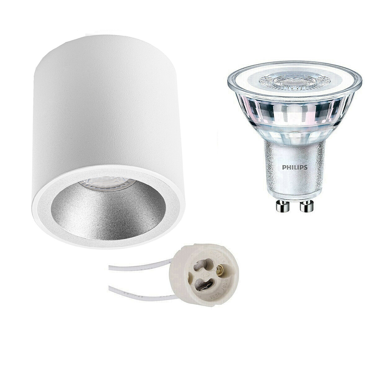 Ensemble de Spot de Plafond - Pragmi Cliron Pro - Douille GU10 - En Saillie Rond - Mat Blanc/Argent - Encastré - Ø90mm - Philips - CorePro 827 36D - 3.5W - Blanc Chaud 2700K