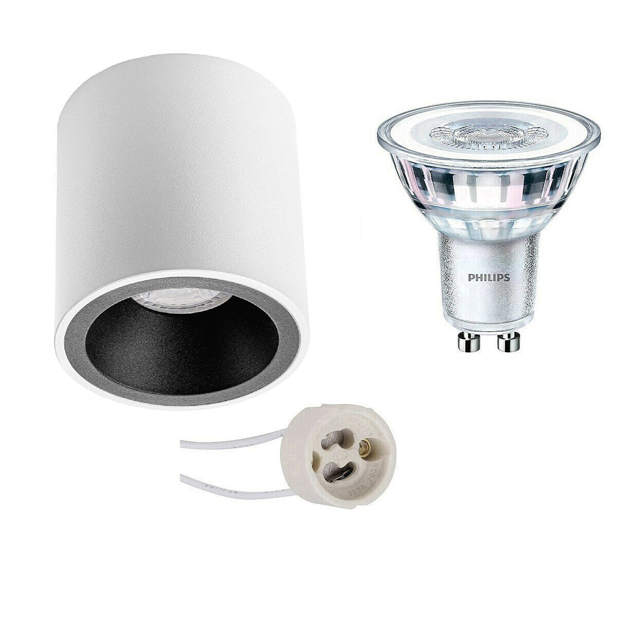 Ensemble de Spot de Plafond - Pragmi Cliron Pro - Douille GU10 - En Saillie Rond - Mat Blanc/Noir - Encastré - Ø90mm - Philips - CorePro 830 36D - 3.5W - Blanc Chaud 3000K