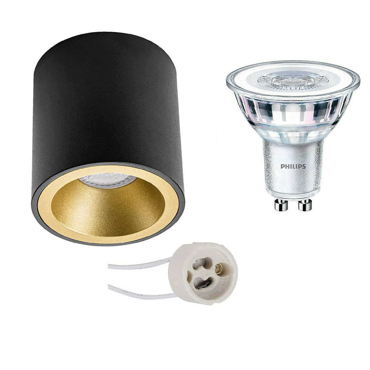 Ensemble de Spot de Plafond - Pragmi Cliron Pro - Douille GU10 - En Saillie Rond - Mat Noir/Or - Encastré - Ø90mm - Philips - CorePro 827 36D - 4W - Blanc Chaud 2700K - Dimmable