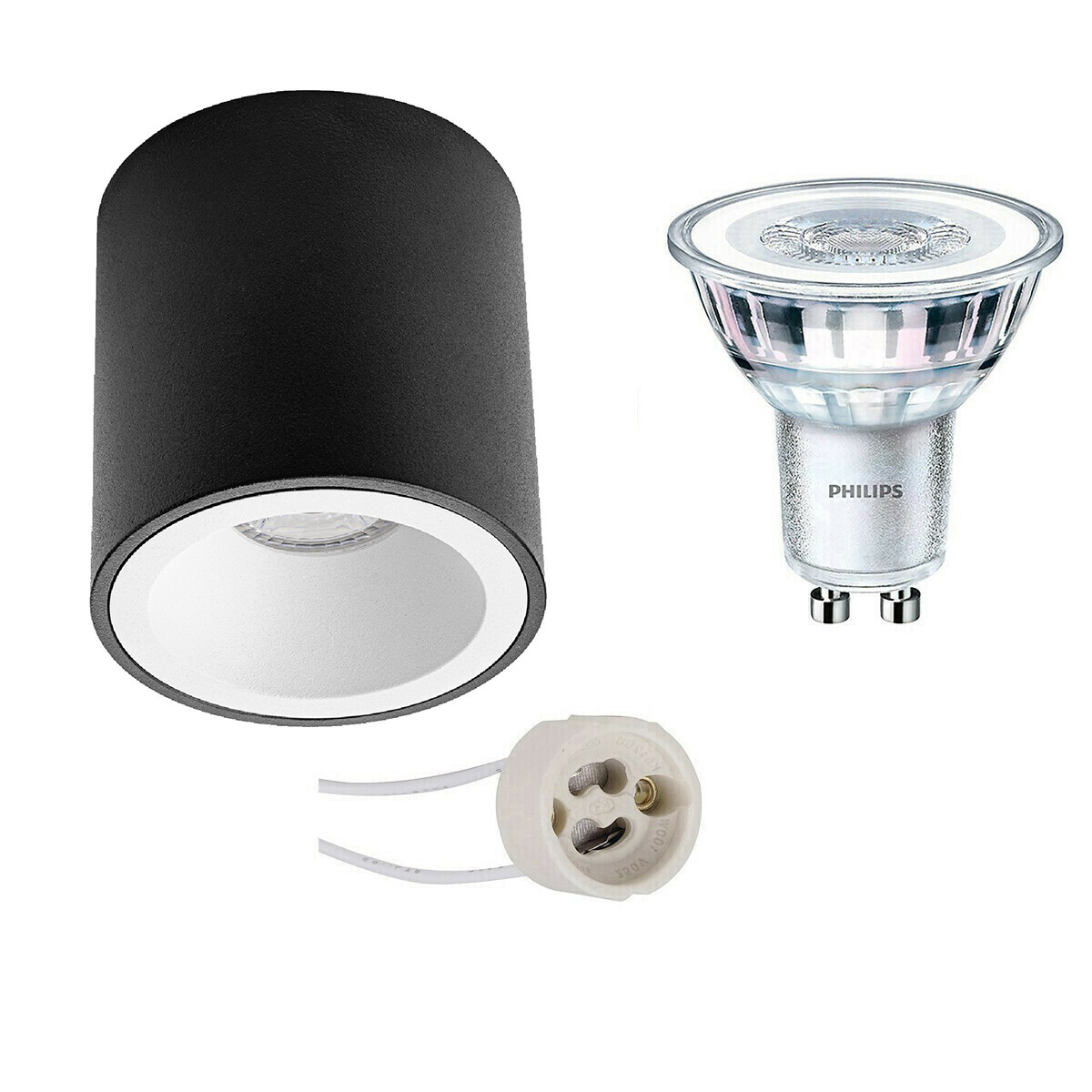 Ensemble de Spot de Plafond - Pragmi Cliron Pro - Douille GU10 - En Saillie Rond - Mat Noir/Blanc - Encastré - Ø90mm - Philips - CorePro 830 36D - 3.5W - Blanc Chaud 3000K