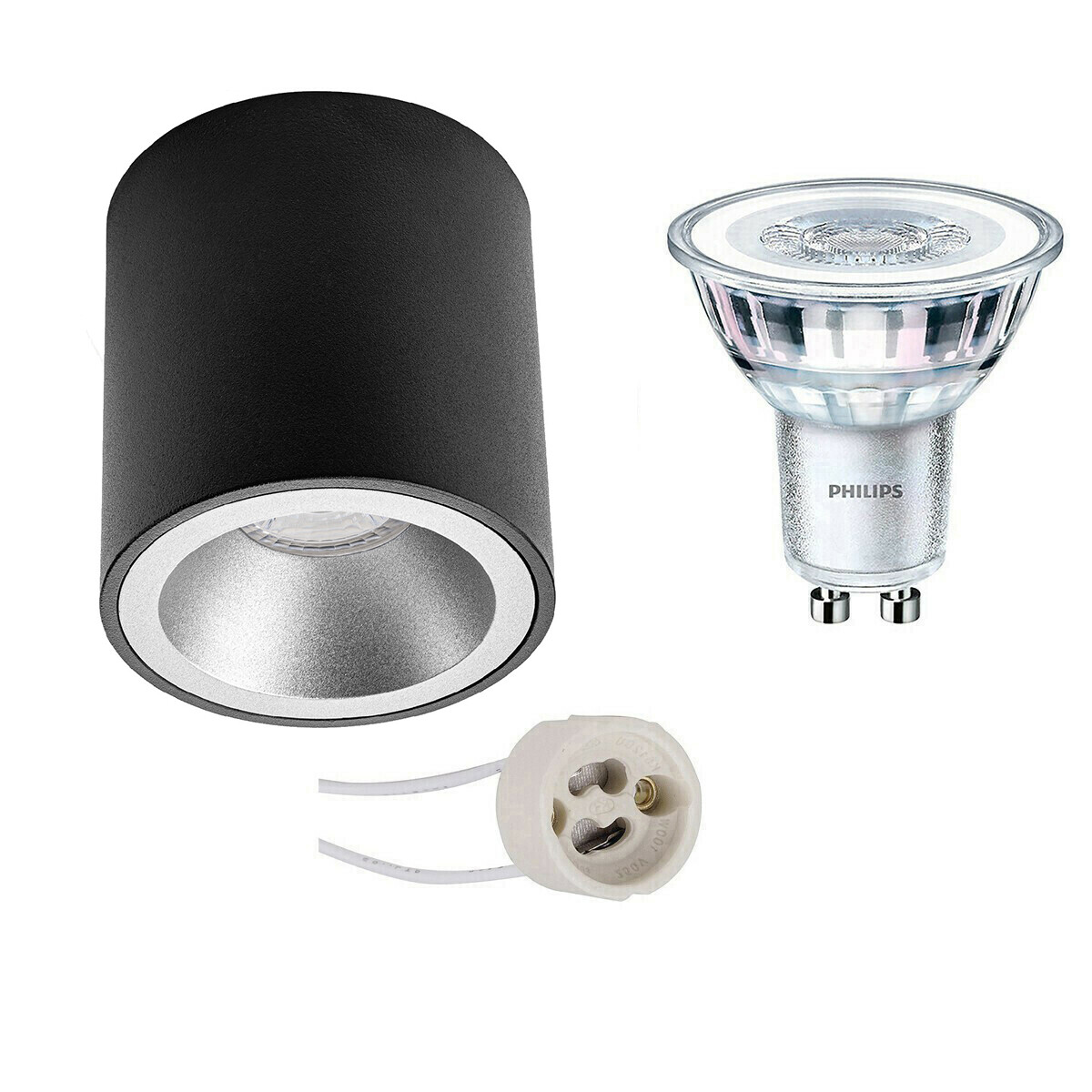 Ensemble de Spot de Plafond - Pragmi Cliron Pro - Douille GU10 - En Saillie Rond - Mat Noir/Argent - Encastré - Ø90mm - Philips - CorePro 827 36D - 3.5W - Blanc Chaud 2700K