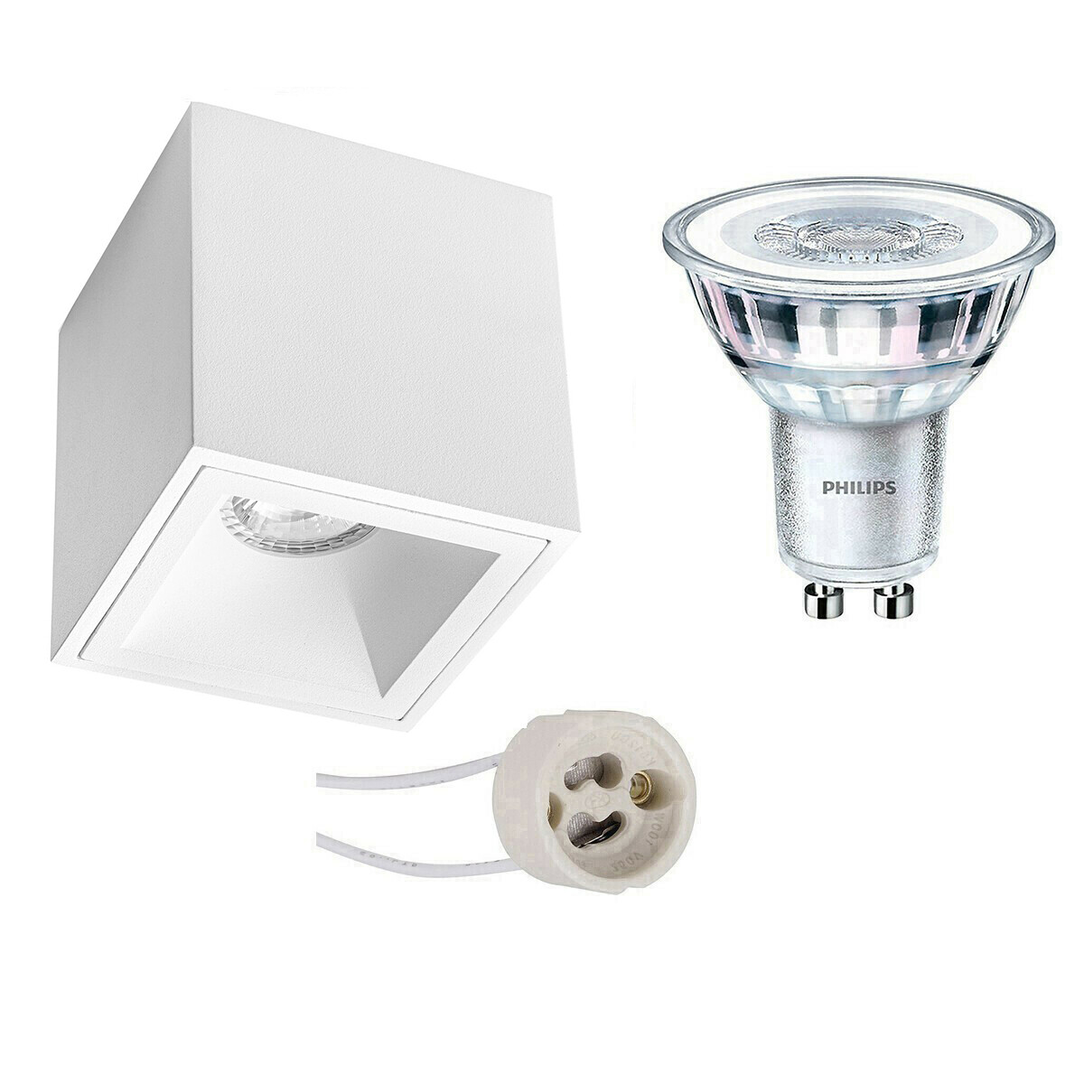 Ensemble de Spot de Plafond - Pragmi Cliron Pro - Douille GU10 - En Saillie Carré - Mat Blanc - Encastré - 90mm - Philips - CorePro 827 36D - 3.5W - Blanc Chaud 2700K