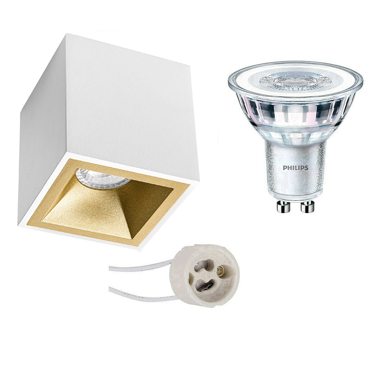 Ensemble de Spot de Plafond - Pragmi Cliron Pro - Douille GU10 - En Saillie Carré - Mat Blanc/Or - Encastré - 90mm - Philips - CorePro 827 36D - 3.5W - Blanc Chaud 2700K