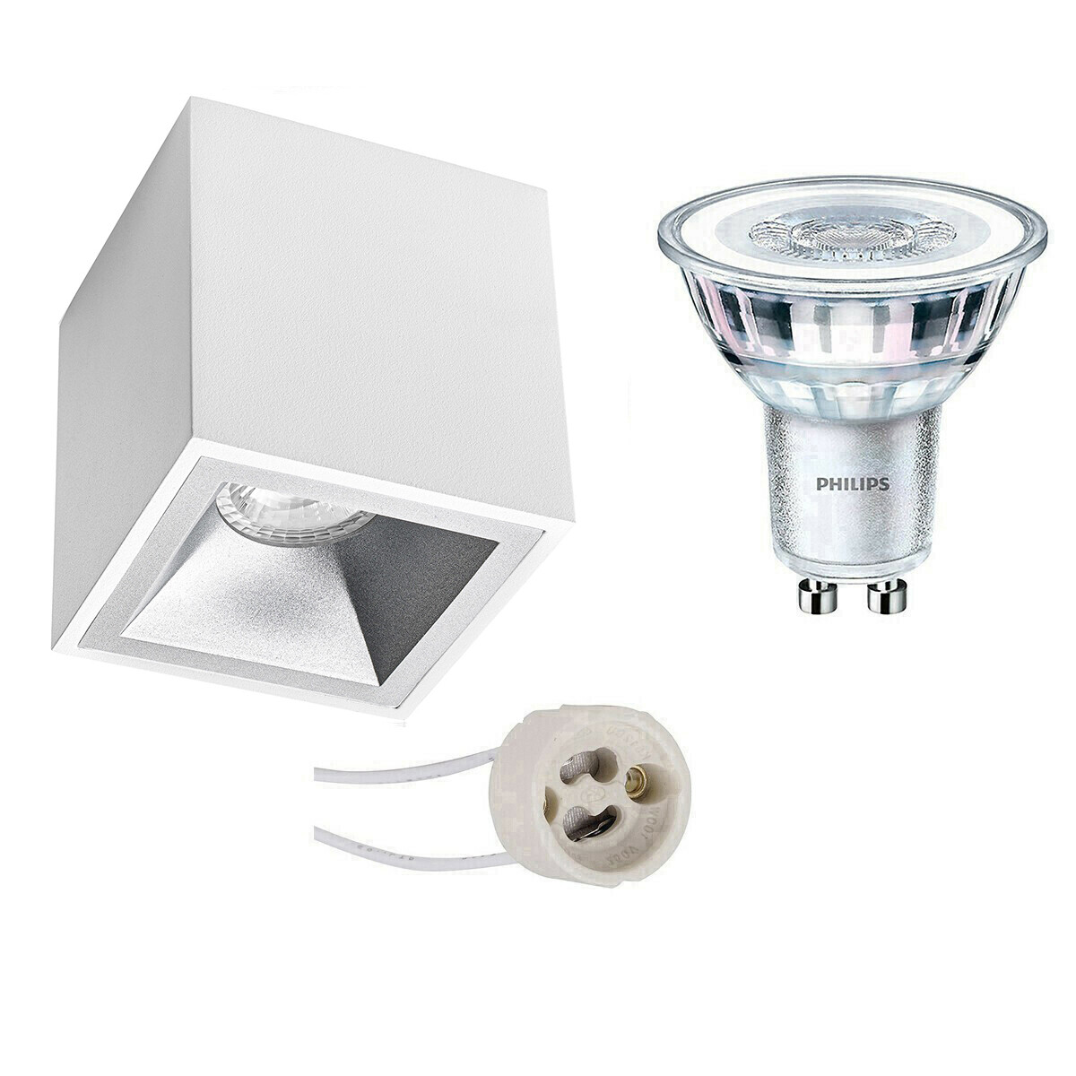 Ensemble de Spot de Plafond - Pragmi Cliron Pro - Douille GU10 - En Saillie Carré - Mat Blanc/Argent - Encastré - 90mm - Philips - CorePro 827 36D - 3.5W - Blanc Chaud 2700K