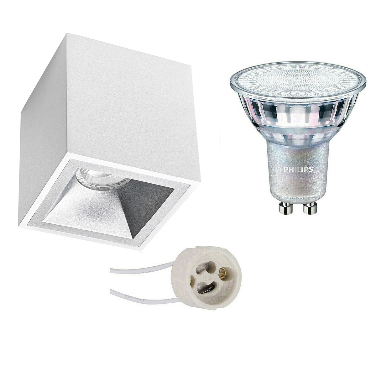 Ensemble de Spot de Plafond - Pragmi Cliron Pro - Douille GU10 - En Saillie Carré - Mat Blanc/Argent - Encastré - 90mm - Philips - MASTER 927 36D VLE - 3.7W - Blanc Chaud 2200K-2700K - DimTone Dimmable