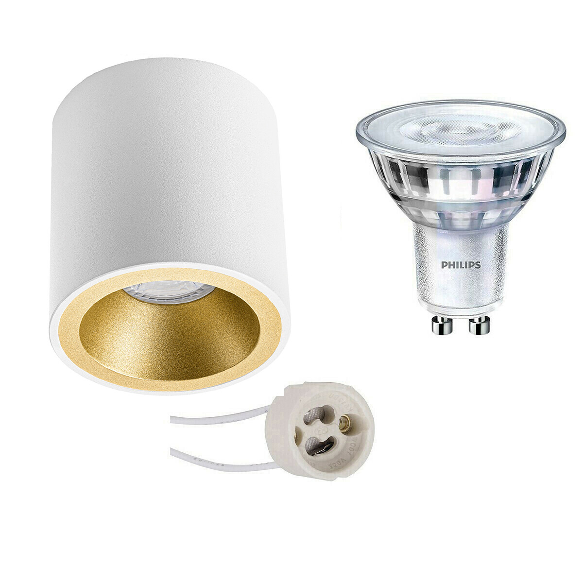 Ensemble de Spot de Plafond - Pragmi Cliron Pro - Douille GU10 - En Saillie Rond - Mat Blanc/Or - Encastré - Ø90mm - Philips - SceneSwitch 827 36D - 1.5W-5W - Blanc Chaud 2200K-2700K - Dimmable