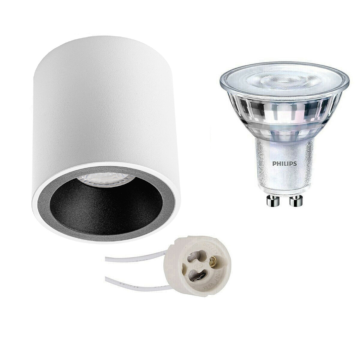 Ensemble de Spot de Plafond - Pragmi Cliron Pro - Douille GU10 - En Saillie Rond - Mat Blanc/Noir - Encastré - Ø90mm - Philips - SceneSwitch 827 36D - 1.5W-5W - Blanc Chaud 2200K-2700K - Dimmable