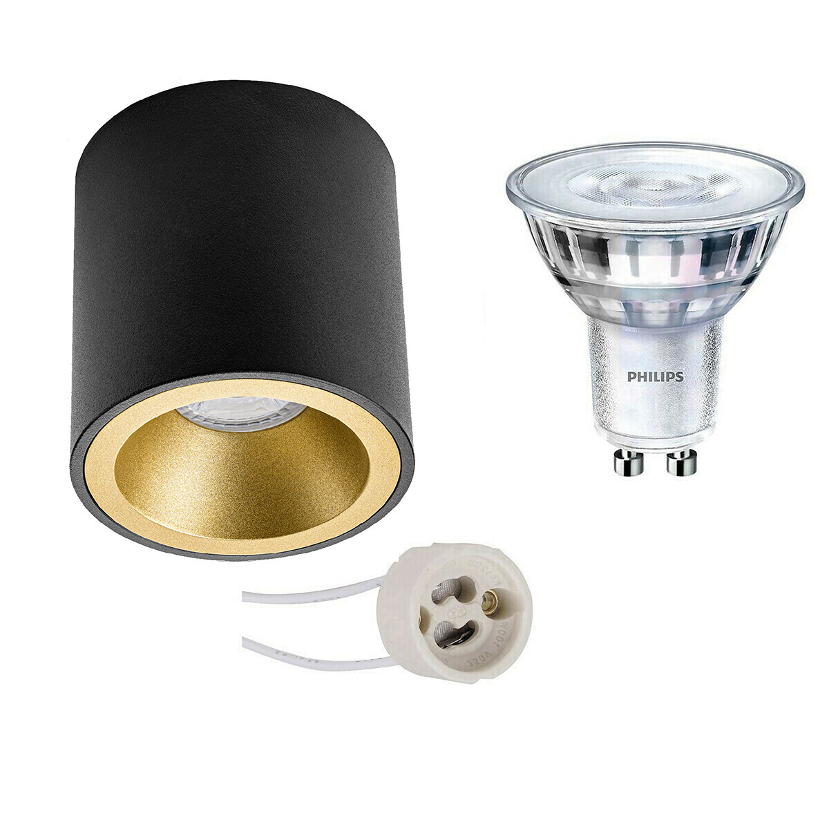 Ensemble de Spot de Plafond - Pragmi Cliron Pro - Douille GU10 - En Saillie Rond - Mat Noir/Or - Encastré - Ø90mm - Philips - SceneSwitch 827 36D - 1.5W-5W - Blanc Chaud 2200K-2700K - Dimmable