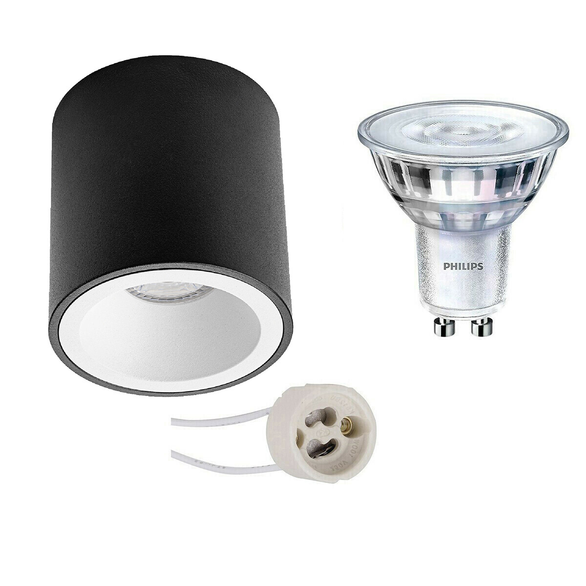 Ensemble de Spot de Plafond - Pragmi Cliron Pro - Douille GU10 - En Saillie Rond - Mat Noir/Blanc - Encastré - Ø90mm - Philips - SceneSwitch 827 36D - 1.5W-5W - Blanc Chaud 2200K-2700K - Dimmable