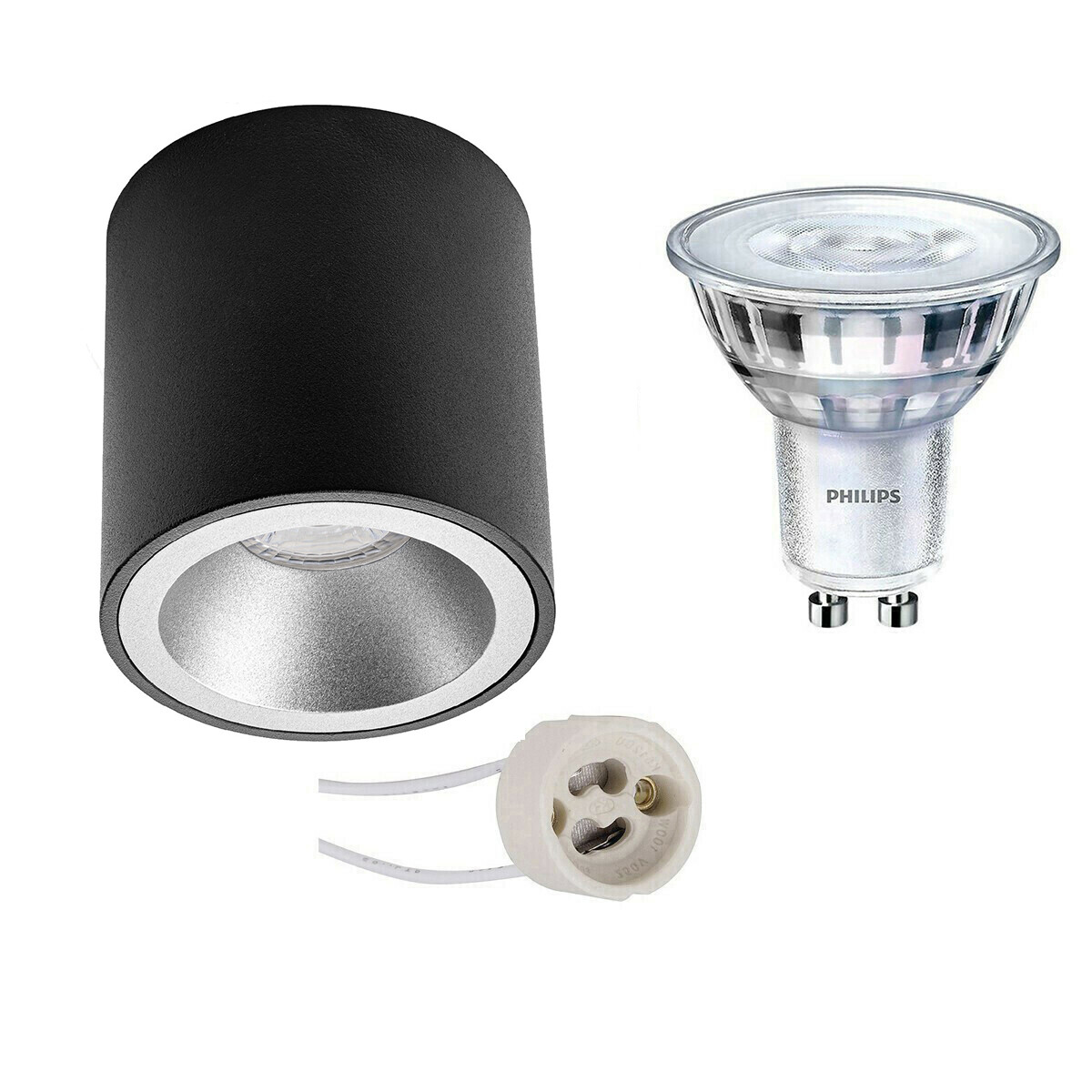 Ensemble de Spot de Plafond - Pragmi Cliron Pro - Douille GU10 - En Saillie Rond - Mat Noir/Argent - Encastré - Ø90mm - Philips - SceneSwitch 827 36D - 1.5W-5W - Blanc Chaud 2200K-2700K - Dimmable