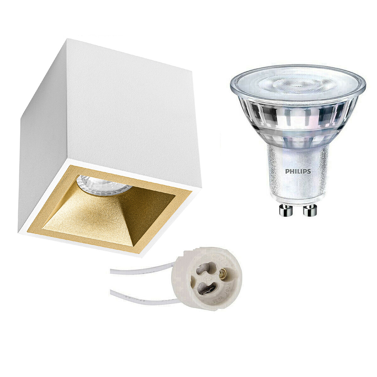 Ensemble de Spot de Plafond - Pragmi Cliron Pro - Douille GU10 - En Saillie Carré - Mat Blanc/Or - Encastré - 90mm - Philips - SceneSwitch 827 36D - 1.5W-5W - Blanc Chaud 2200K-2700K - Dimmable