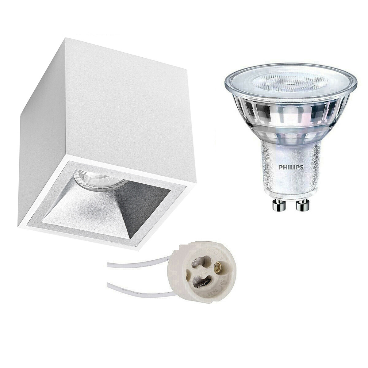 Ensemble de Spot de Plafond - Pragmi Cliron Pro - Douille GU10 - En Saillie Carré - Mat Blanc/Argent - Encastré - 90mm - Philips - SceneSwitch 827 36D - 1.5W-5W - Blanc Chaud 2200K-2700K - Dimmable