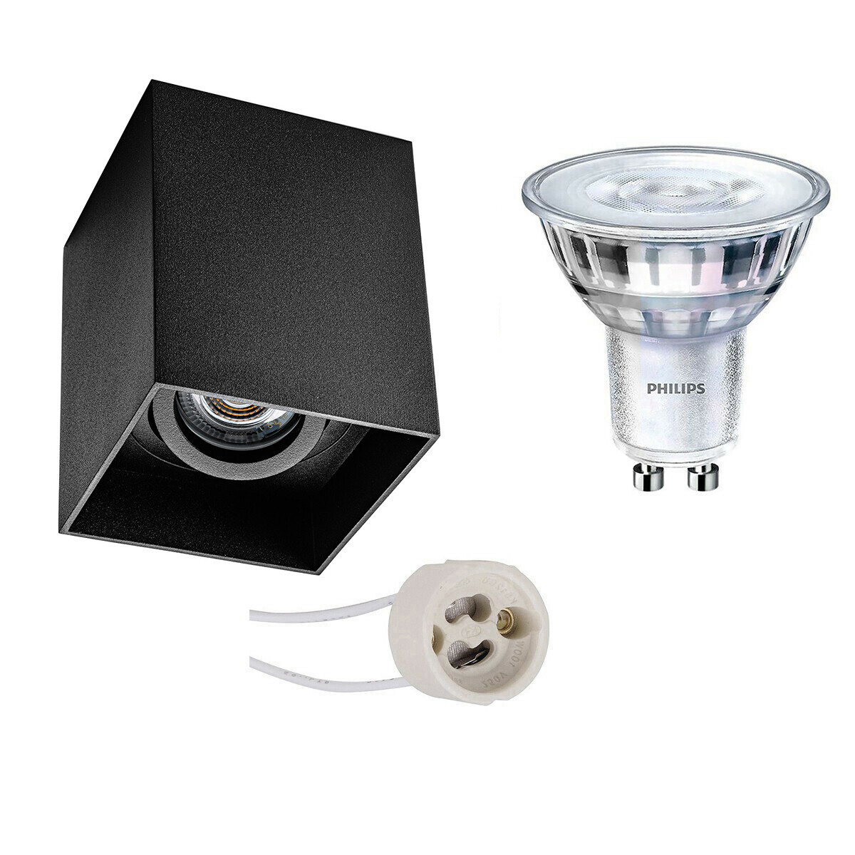 Ensemble de Spot de Plafond - Pragmi Luxina Pro - Douille GU10 - En Saillie Carré - Mat Noir - Encastré - Inclinable - 90mm - Philips - SceneSwitch 827 36D - 1.5W-5W - Blanc Chaud 2200K-2700K - Dimmable