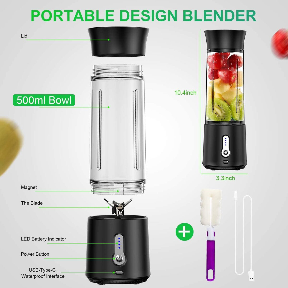 Smoothie Maker Portable - Innovigo - Blender To Go - Mixeur Portable - Blender Portable - 0.5 Litre - Sans Fil - Rechargeable par USB-C - Noir