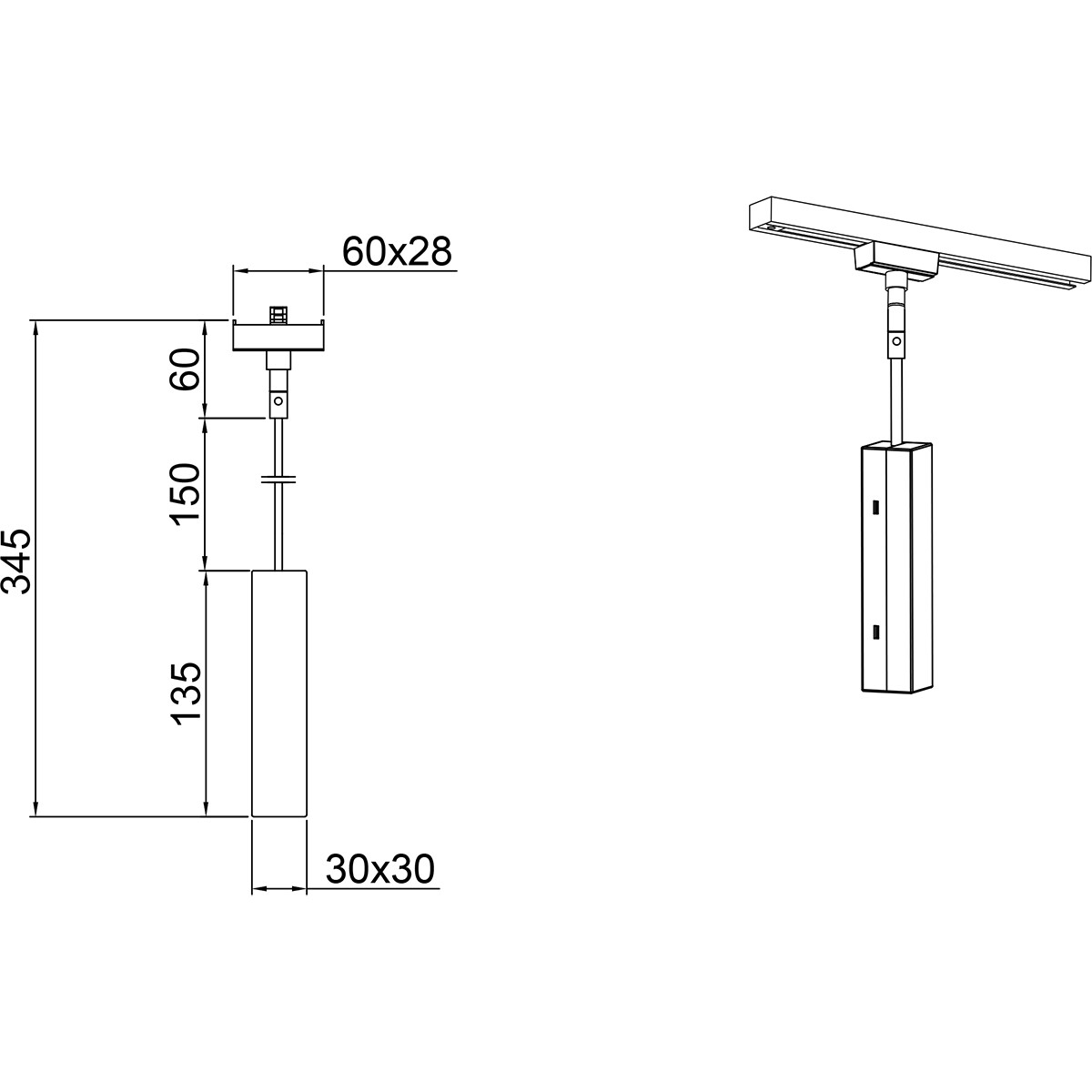 Connecteur de Suspension de Eclairage sur Rail - Adaptateur Suspendu - Trion Dual - 2 Phases - Mat Noir