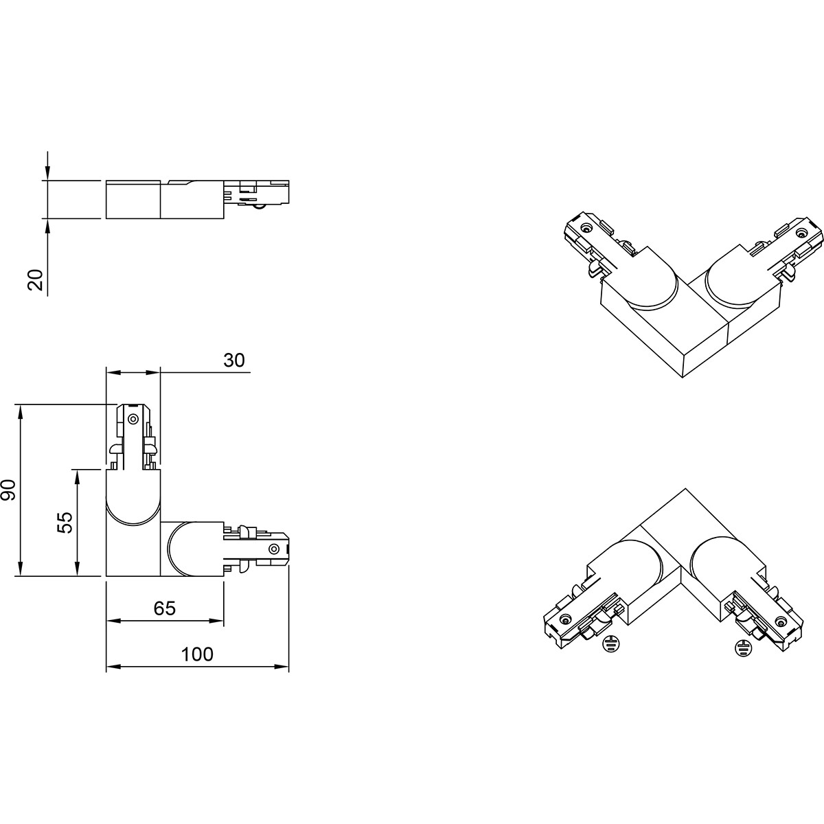 Connecteur de Prolongation de Eclairage sur Rail - Trion Dual - Connecteur d'Angle L - Terre à l'Intérieur - 2 Phases - Mat Titane