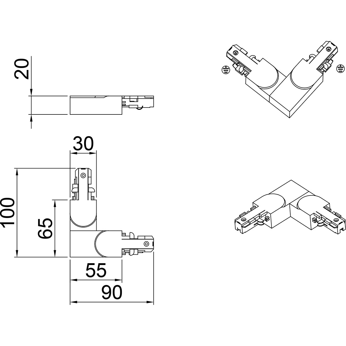 Connecteur de Prolongation de Eclairage sur Rail - Trion Dual - Connecteur d'Angle L - Terre à l'Extérieur - 2 Phases - Mat Titane