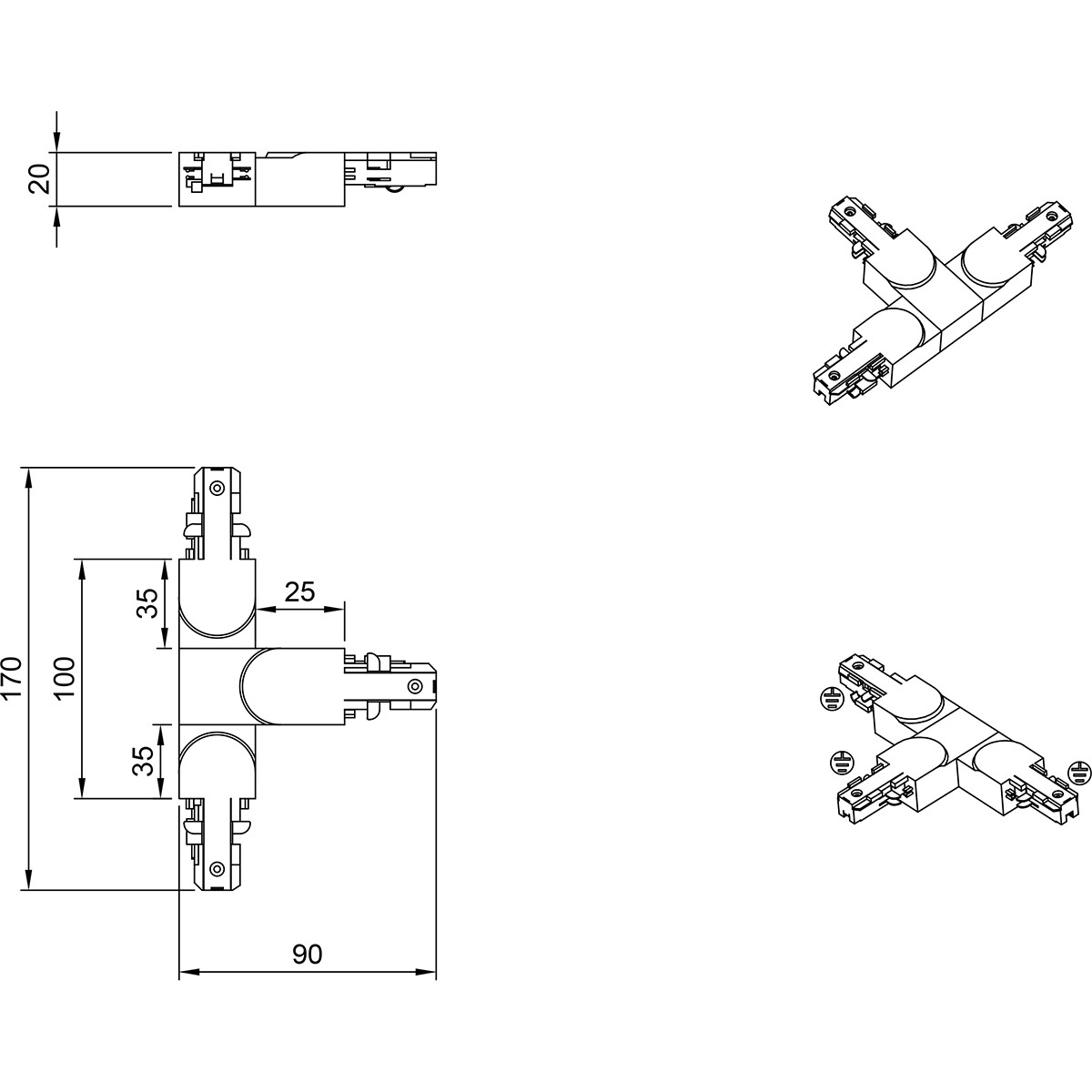 Connecteur de Prolongation de Eclairage sur Rail - Trion Dual - Connecteur en T - Terre à Gauche - 2 Phases - Mat Titane