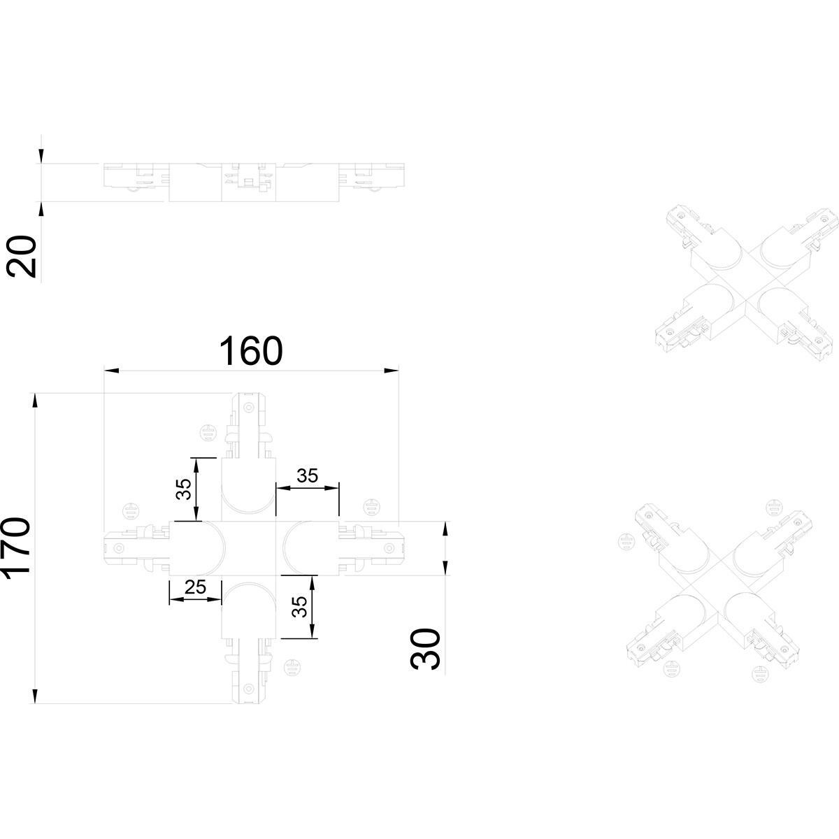 Connecteur de Prolongation de Eclairage sur Rail - Trion Dual - Connecteur Croix X - 2 Phases - Mat Blanc