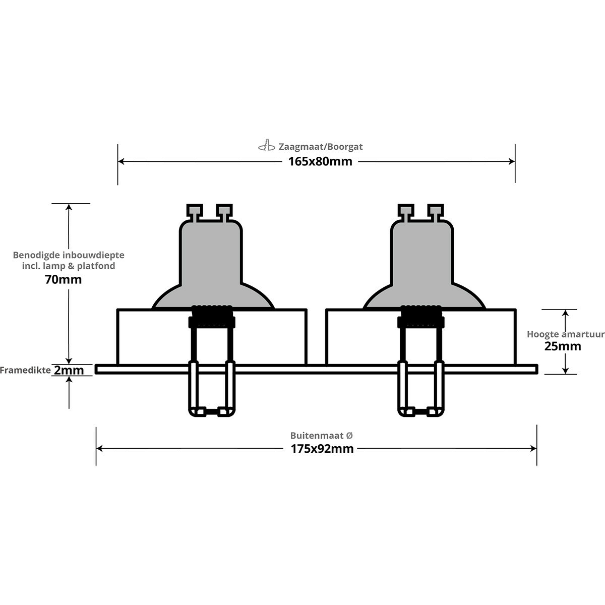 Support Spot 10 Pack - Pragmi Borny Pro - Spot Encastré GU10 - Double Rectangle - Noir - Aluminium - Inclinable - 175x92mm