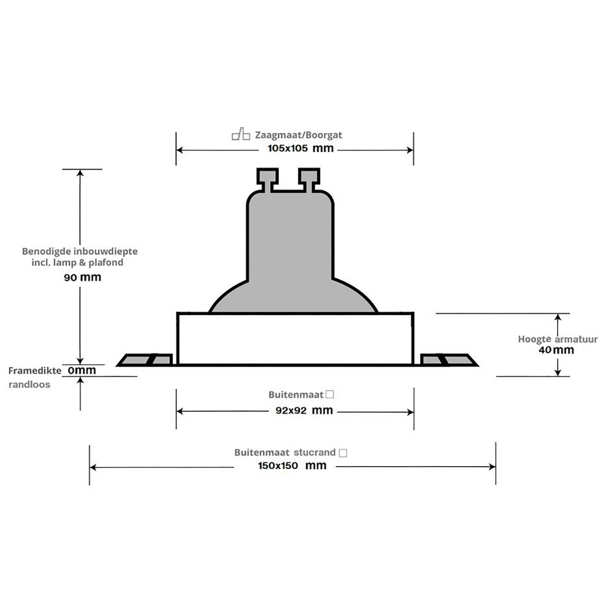 Support Spot 10 Pack - Pragmi Nivas Pro - Spot Encastré GU10 - Carré - Blanc - Aluminium - Sans Cadre - Inclinable - 150mm