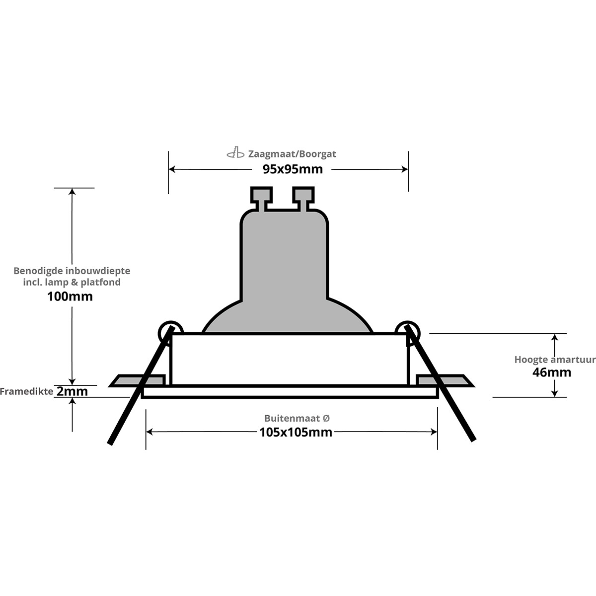 Support Spot GU10 - Pragmi Domy Pro - Spot Encastré GU10 - Carré - Blanc - Aluminium - Encastré - Inclinable - 105mm