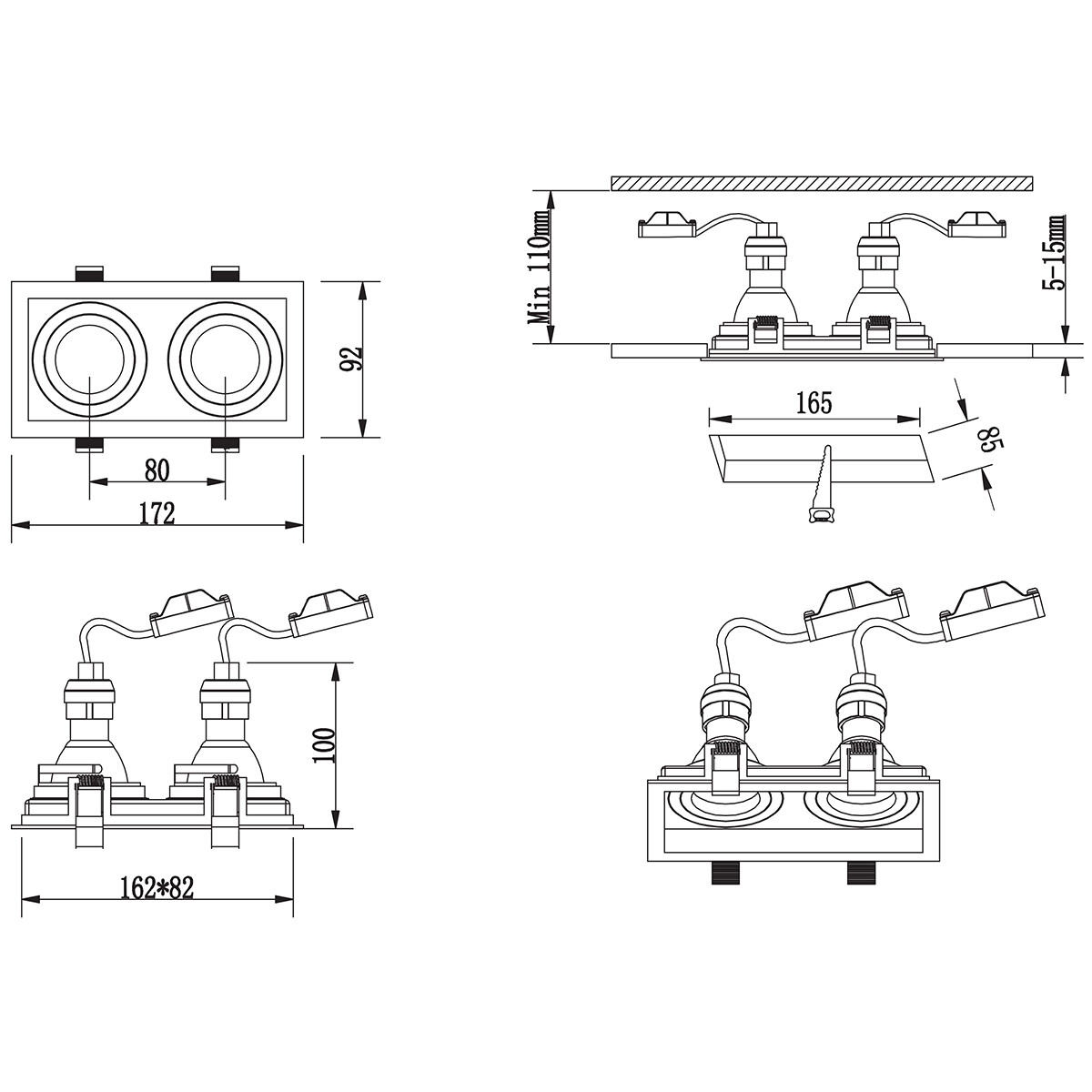 Support Spot GU10 - Trion Kenan - Spot Encastré GU10 - Rectangle - 2-lumières - Noir - Aluminium - Encastré - Inclinable - Ø90