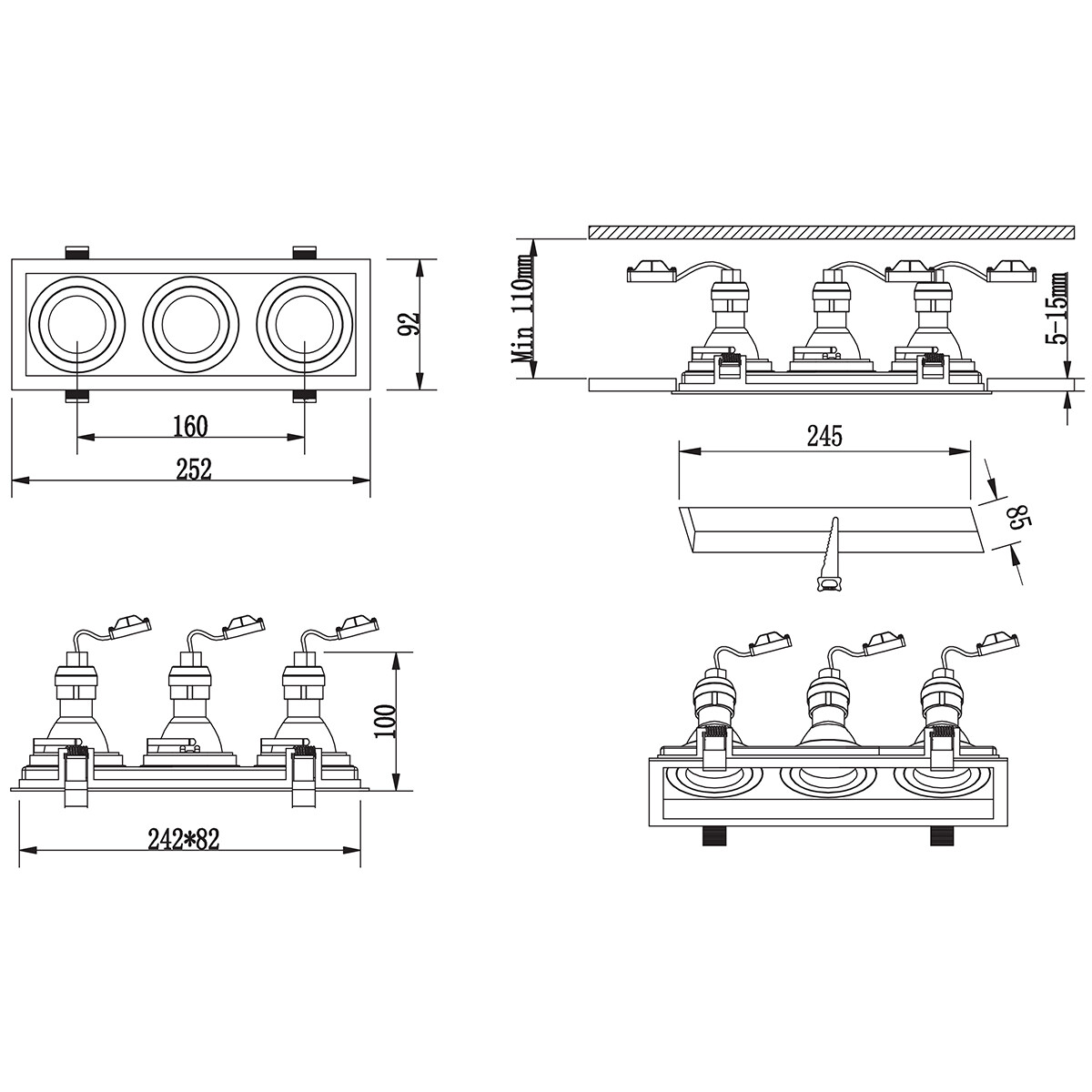 Support Spot GU10 - Trion Kenan - Spot Encastré GU10 - Rectangle - 3-lumières - Blanc - Aluminium - Encastré - Inclinable - Ø90