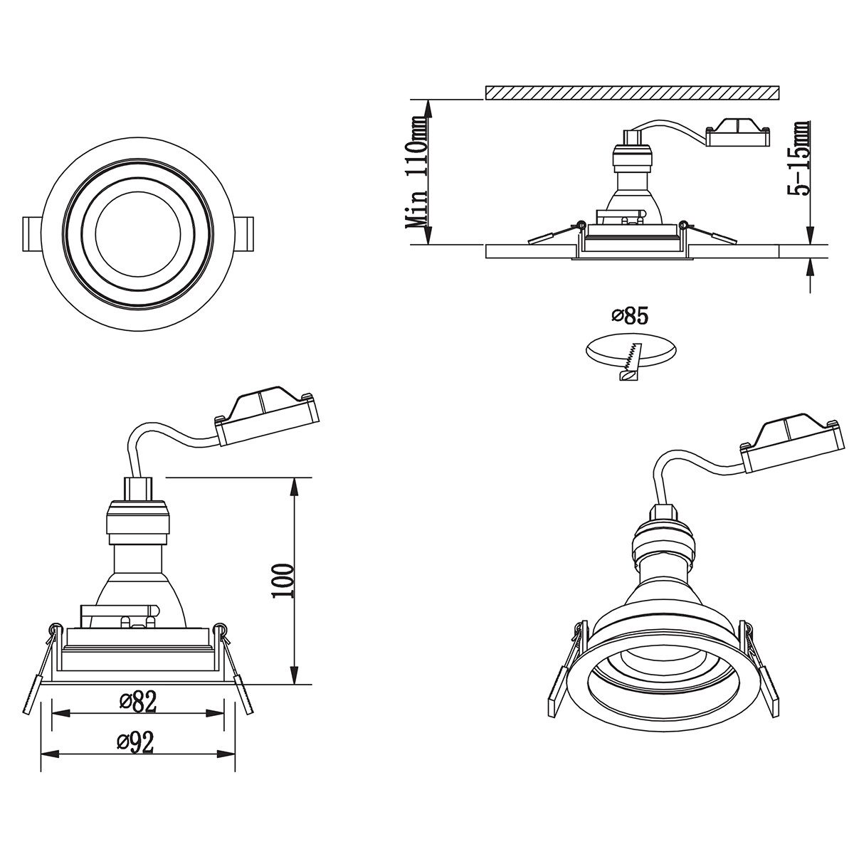 Support Spot GU10 - Trion Kenan - Spot Encastré GU10 - Rond - 1-lumière - Blanc - Aluminium - Encastré - Inclinable - Ø90