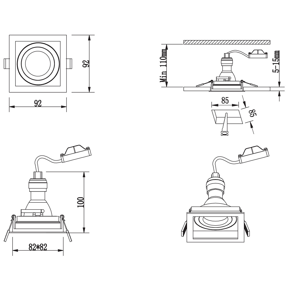 Support Spot GU10 - Trion Kenan - Spot Encastré GU10 - Carré - 1-lumière - Blanc - Aluminium - Encastré - Inclinable - Ø90