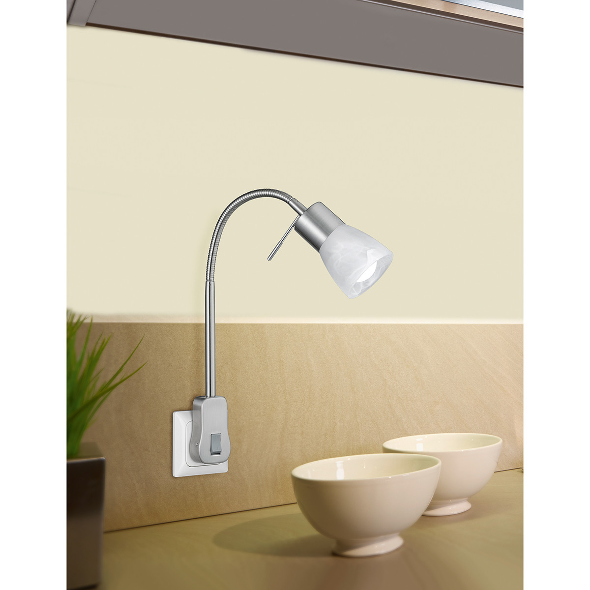 Lampe à Prise avec Interrupteur - Trion Levino - Douille E14 - 6W - Blanc Chaud 3000K - Mat Nickel - Aluminium