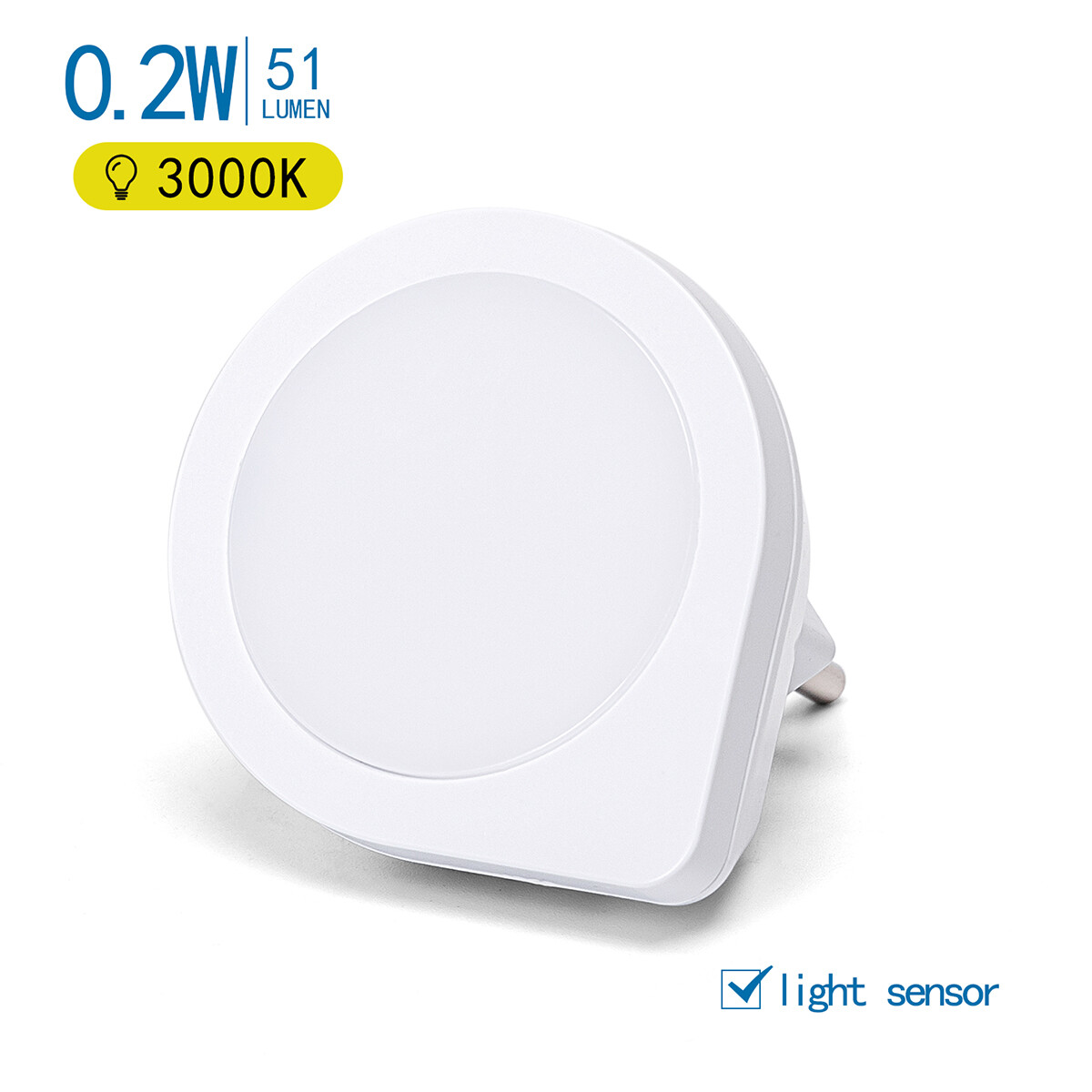 Lampe à Fiche - Veilleuse avec Détecteur Jour/Nuit - Aigi Uvio - 0.2W - Blanc Chaud 3000K - Rond - Mat Blanc - Plastique