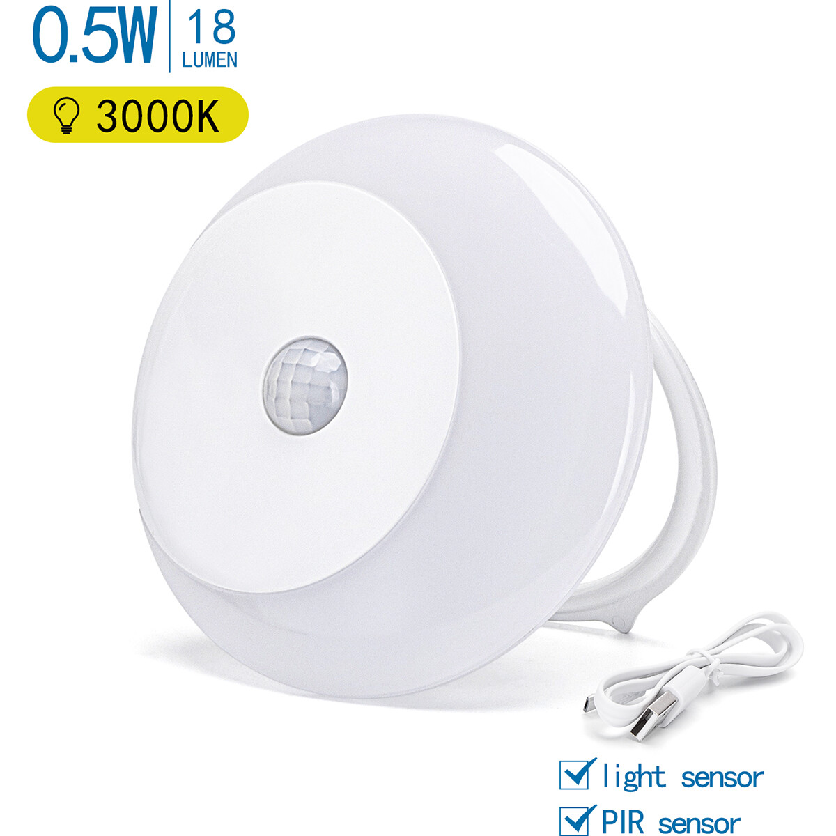 Lampe à Prise sur Batteries - Veilleuse avec Détecteur Jour/Nuit et de Mouvement. câble USB Incl. - Aigi Dypi - 0.5W - Blanc Chaud 3000K - Rond - Mat Blanc - Plastique